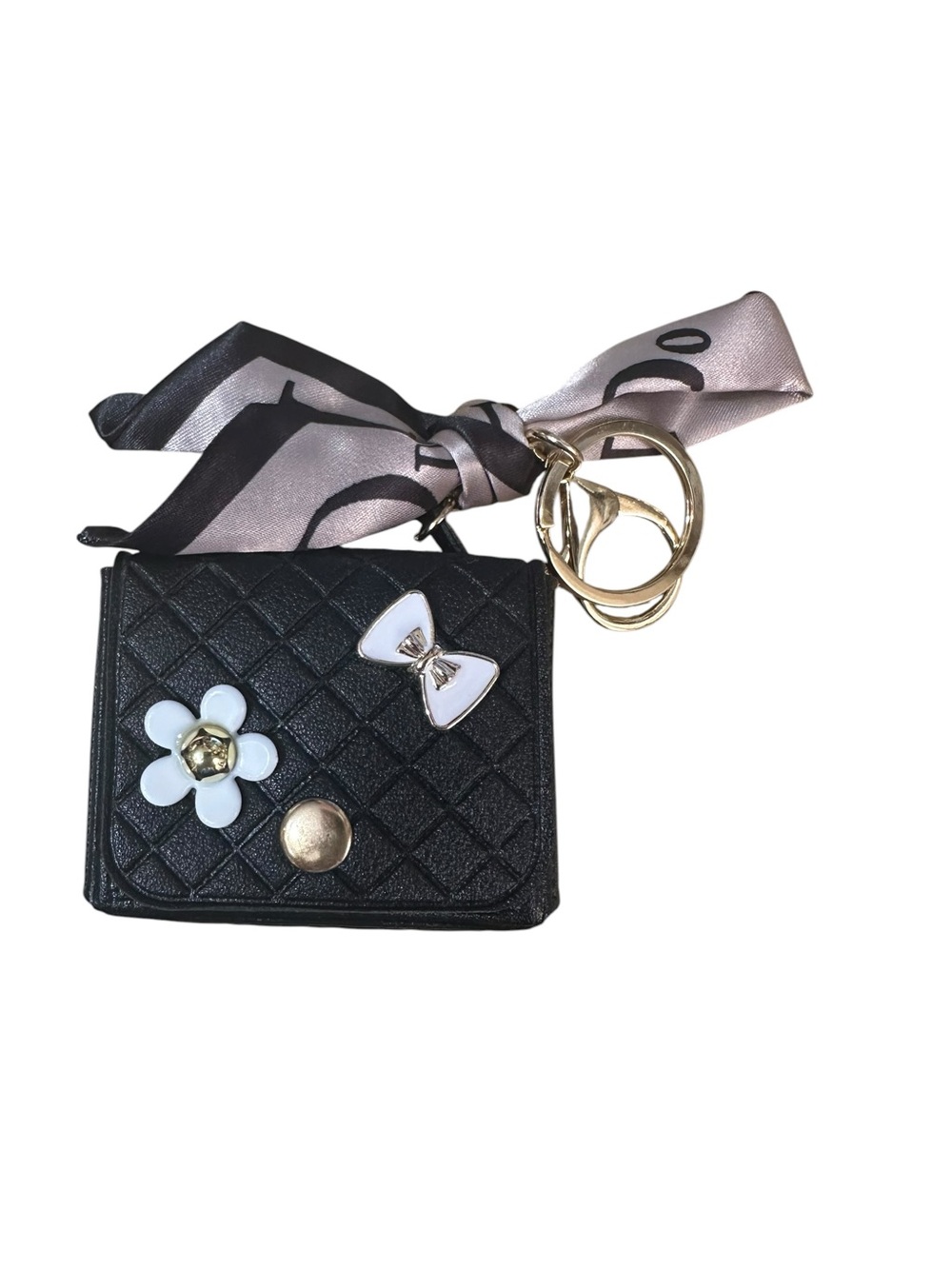 Black Quilted Mini Keychain /bag charm with Floral & Bow Accents